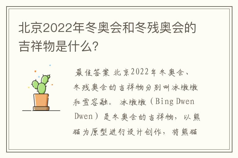 北京2022年冬奥会和冬残奥会的吉祥物是什么？