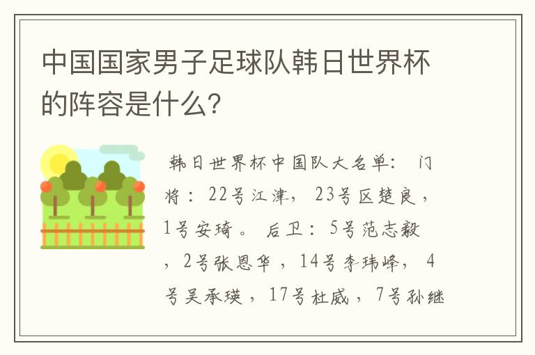 中国国家男子足球队韩日世界杯的阵容是什么？