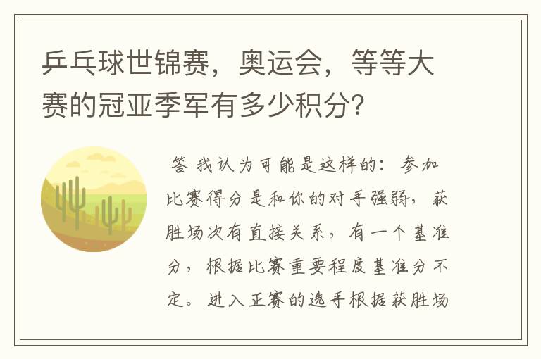 乒乓球世锦赛，奥运会，等等大赛的冠亚季军有多少积分？