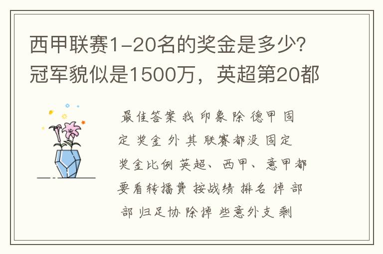 西甲联赛1-20名的奖金是多少？冠军貌似是1500万，英超第20都是4000万呀！