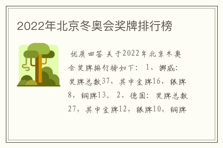 2022年北京冬奥会奖牌排行榜