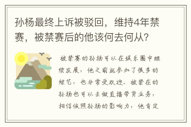 孙杨最终上诉被驳回，维持4年禁赛，被禁赛后的他该何去何从？