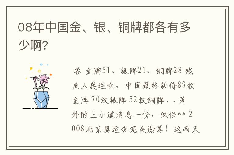 08年中国金、银、铜牌都各有多少啊？