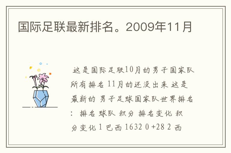 国际足联最新排名。2009年11月