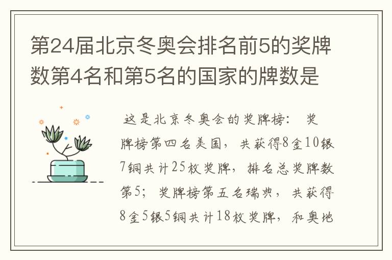 第24届北京冬奥会排名前5的奖牌数第4名和第5名的国家的牌数是多少？