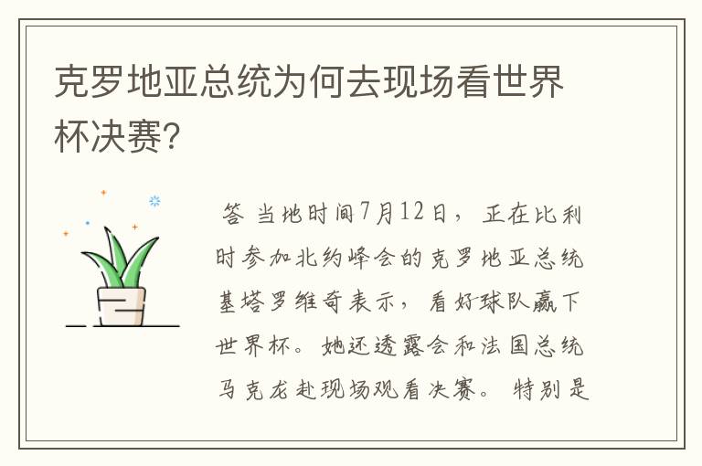 克罗地亚总统为何去现场看世界杯决赛？