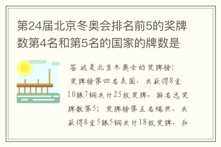 第24届北京冬奥会排名前5的奖牌数第4名和第5名的国家的牌数是多少？