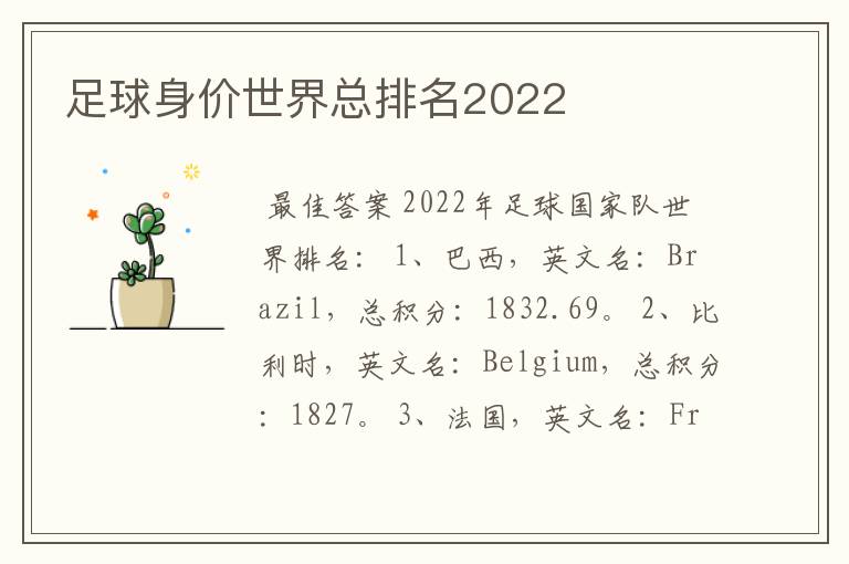 足球身价世界总排名2022