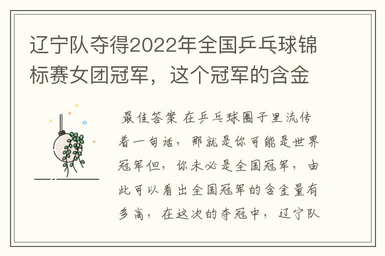 辽宁队夺得2022年全国乒乓球锦标赛女团冠军，这个冠军的含金量有多高？