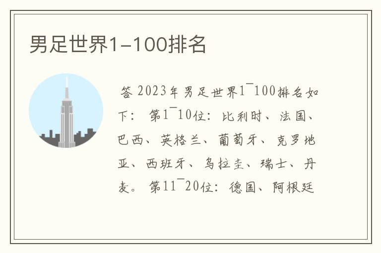 男足世界1-100排名