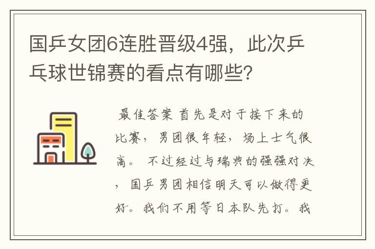 国乒女团6连胜晋级4强，此次乒乓球世锦赛的看点有哪些？