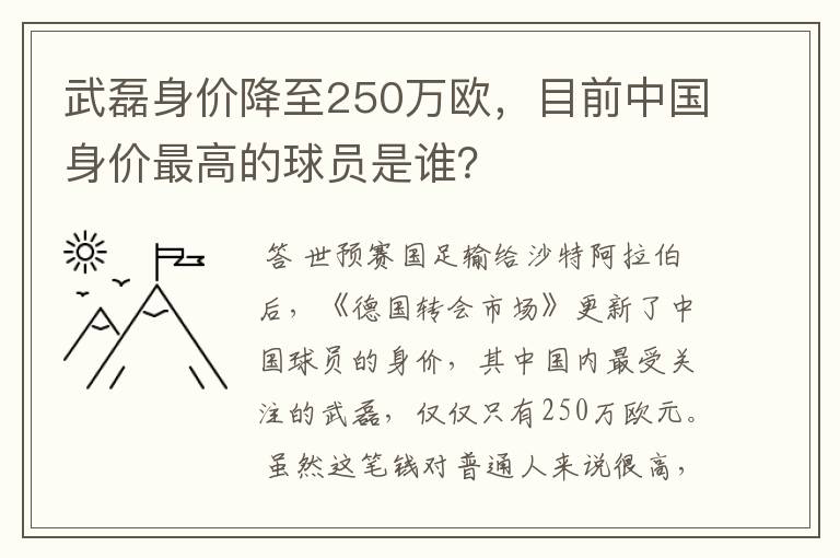 武磊身价降至250万欧，目前中国身价最高的球员是谁？