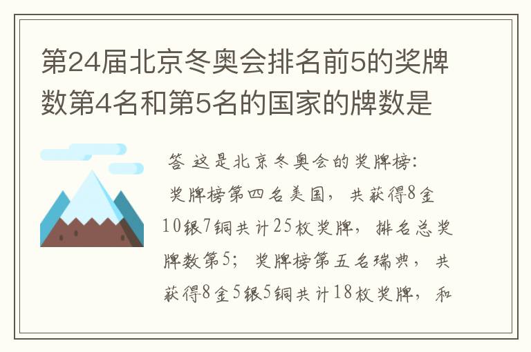 第24届北京冬奥会排名前5的奖牌数第4名和第5名的国家的牌数是多少？