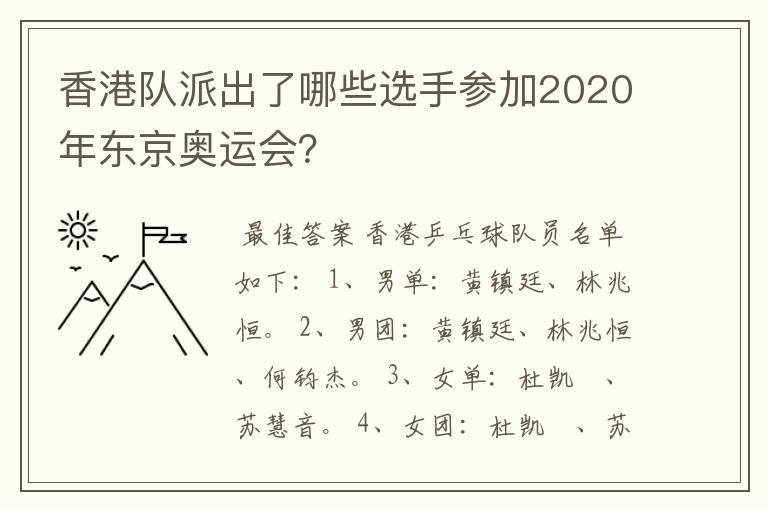 香港队派出了哪些选手参加2020年东京奥运会？