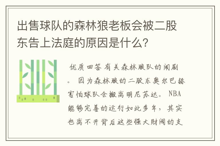 出售球队的森林狼老板会被二股东告上法庭的原因是什么？