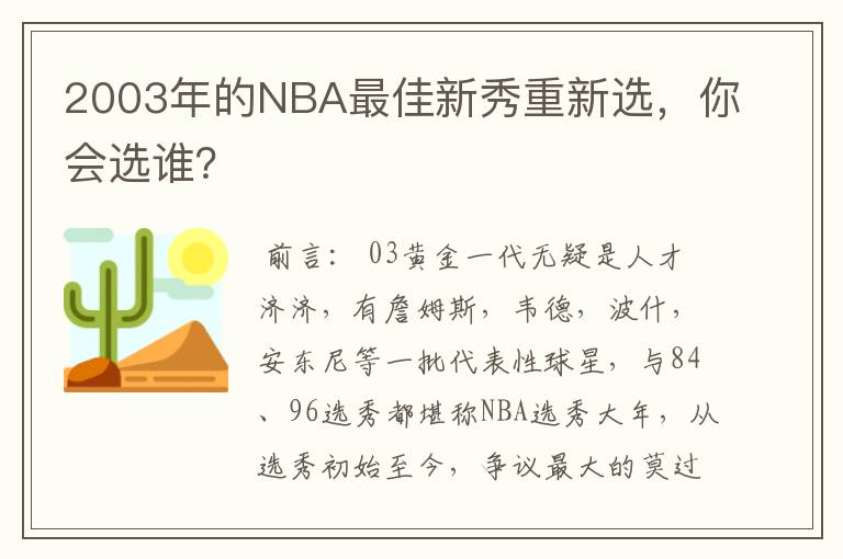 2003年的NBA最佳新秀重新选，你会选谁？