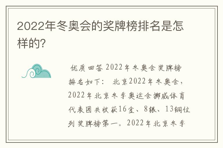 2022年冬奥会的奖牌榜排名是怎样的？