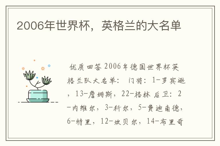 2006年世界杯，英格兰的大名单