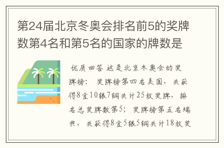 第24届北京冬奥会排名前5的奖牌数第4名和第5名的国家的牌数是多少？