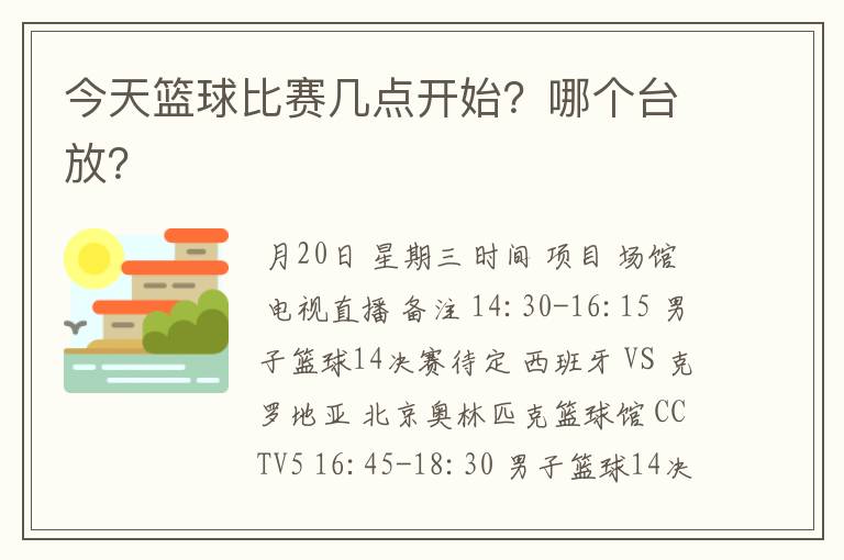 今天篮球比赛几点开始？哪个台放？