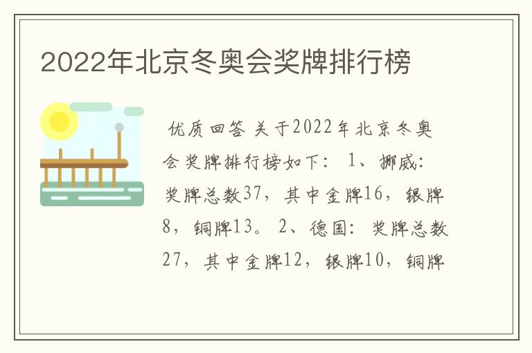 2022年北京冬奥会奖牌排行榜