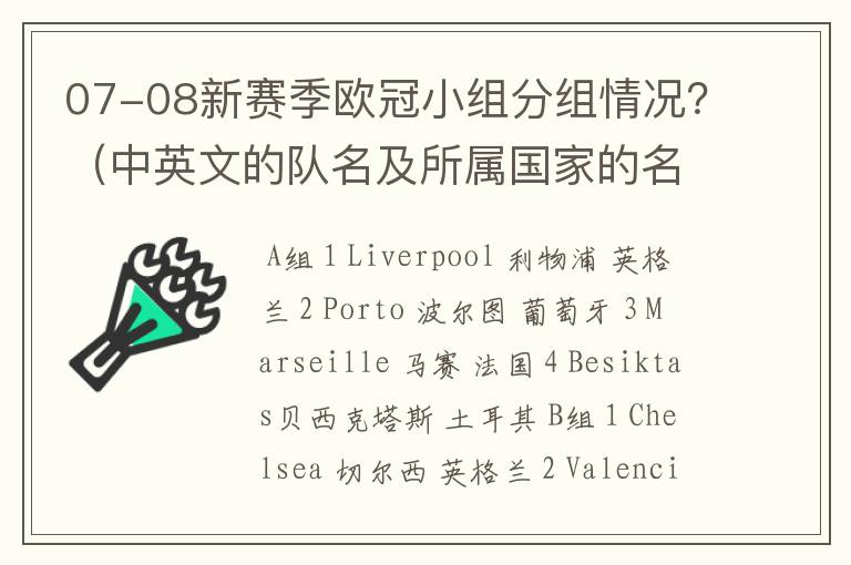 07-08新赛季欧冠小组分组情况？（中英文的队名及所属国家的名字）