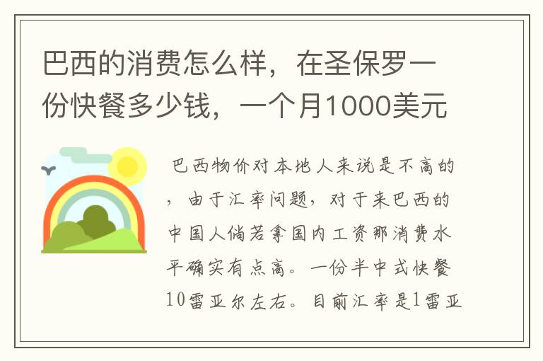 巴西的消费怎么样，在圣保罗一份快餐多少钱，一个月1000美元高不高