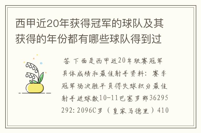 西甲近20年获得冠军的球队及其获得的年份都有哪些球队得到过意大利