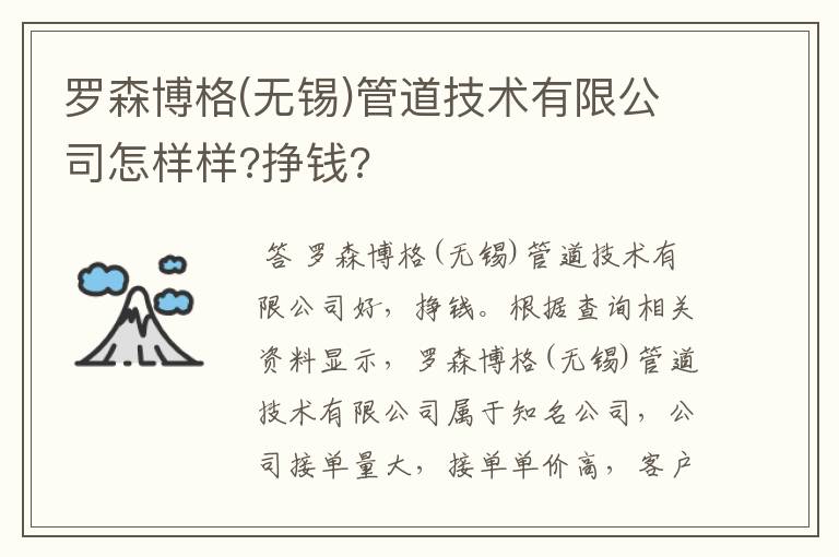 罗森博格(无锡)管道技术有限公司怎样样?挣钱?