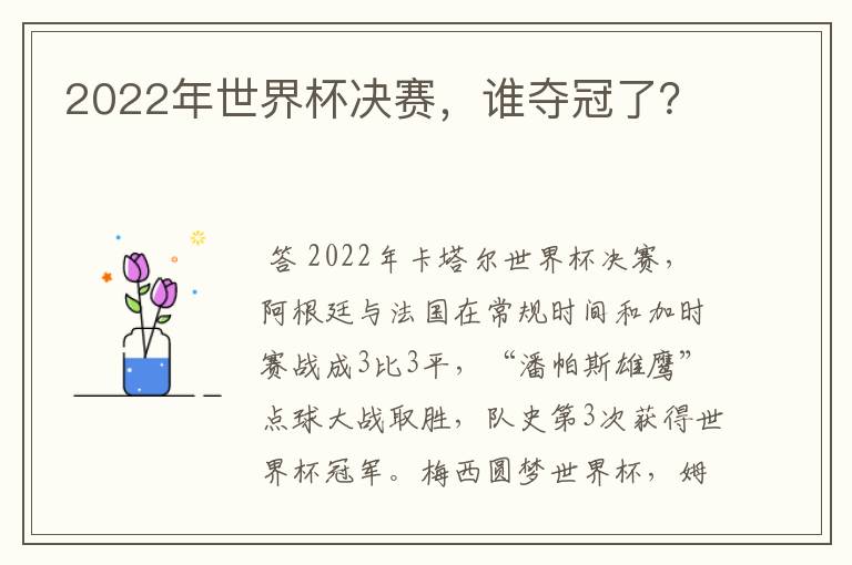 2022年世界杯决赛，谁夺冠了？