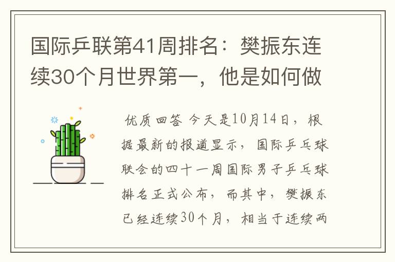 国际乒联第41周排名：樊振东连续30个月世界第一，他是如何做到的？