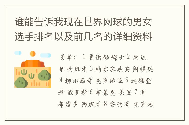 谁能告诉我现在世界网球的男女选手排名以及前几名的详细资料 都有哪些重要赛事