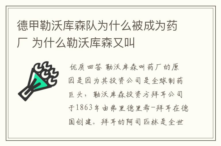 德甲勒沃库森队为什么被成为药厂 为什么勒沃库森又叫