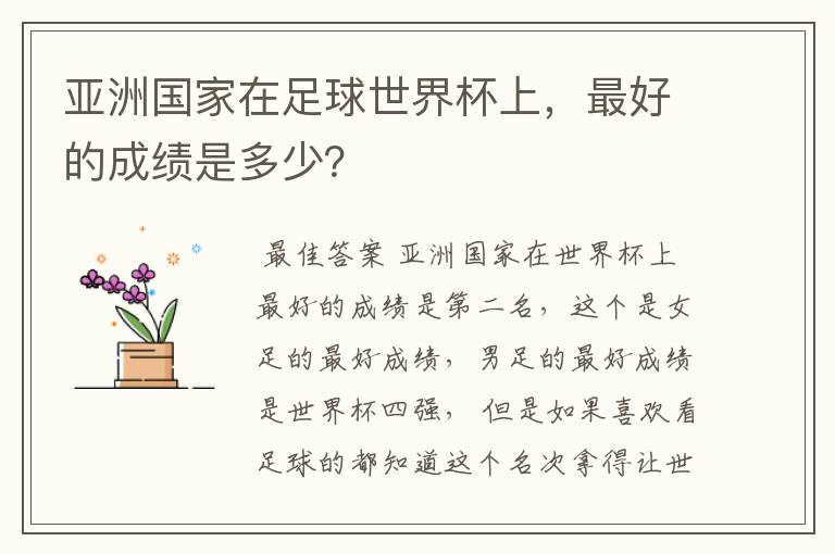 亚洲国家在足球世界杯上，最好的成绩是多少？