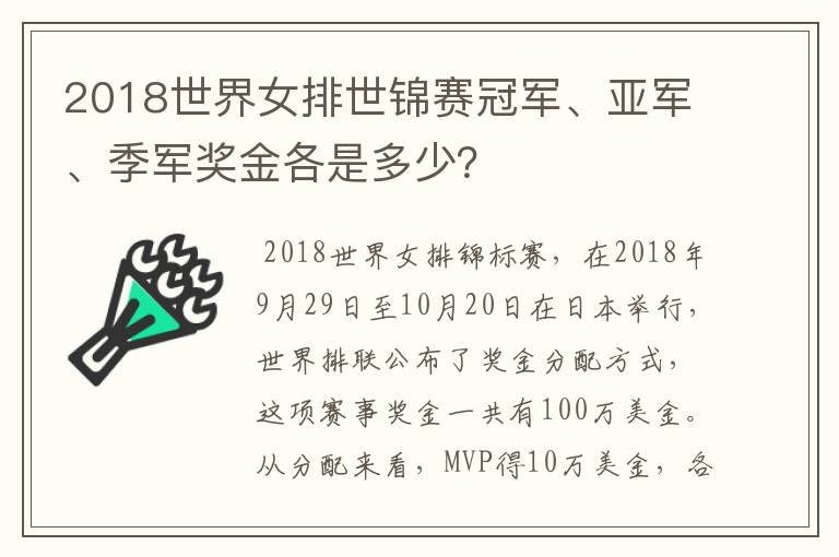 2018世界女排世锦赛冠军、亚军、季军奖金各是多少？