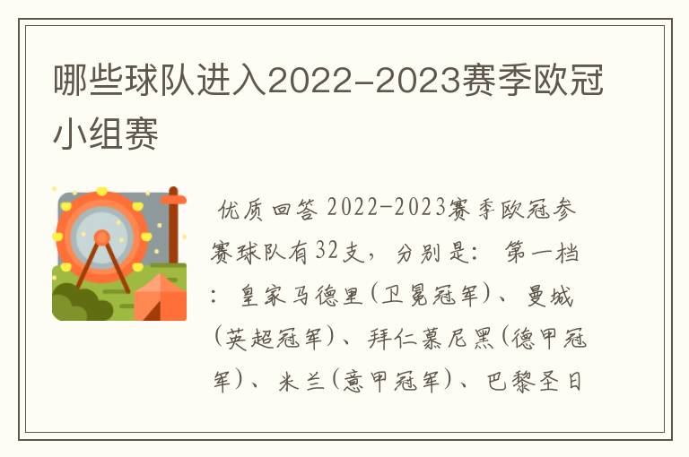 哪些球队进入2022-2023赛季欧冠小组赛