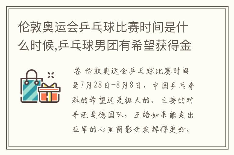 伦敦奥运会乒乓球比赛时间是什么时候,乒乓球男团有希望获得金牌吗?