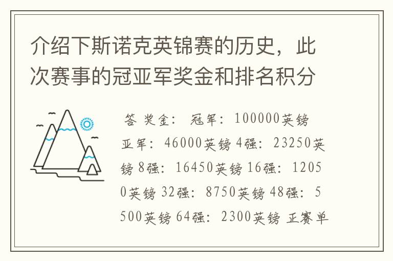 介绍下斯诺克英锦赛的历史，此次赛事的冠亚军奖金和排名积分各是多少？