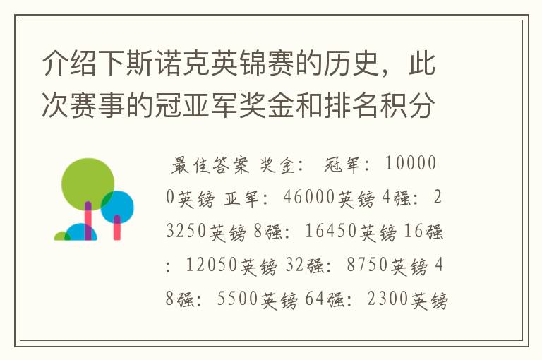 介绍下斯诺克英锦赛的历史，此次赛事的冠亚军奖金和排名积分各是多少？