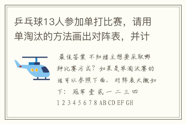 乒乓球13人参加单打比赛，请用单淘汰的方法画出对阵表，并计算出比赛的轮空数、轮次、总场数？