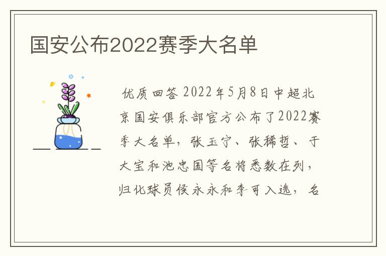 国安公布2022赛季大名单