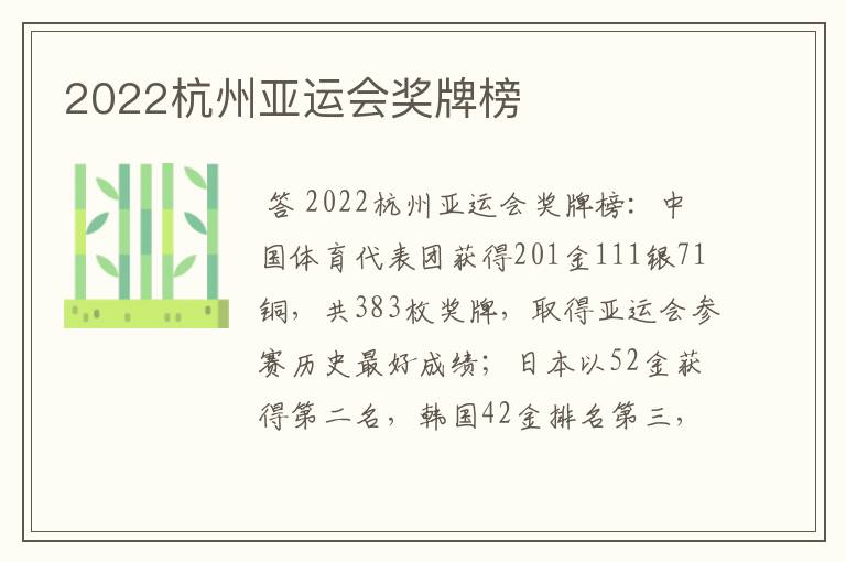 2022杭州亚运会奖牌榜