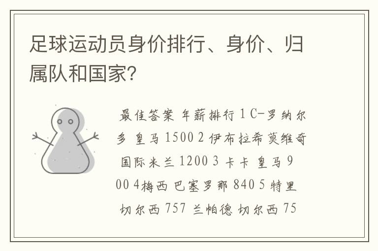 足球运动员身价排行、身价、归属队和国家？