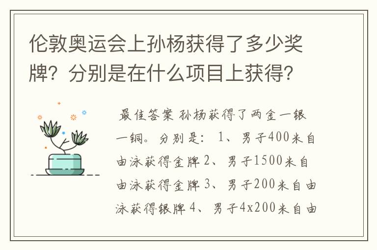 伦敦奥运会上孙杨获得了多少奖牌？分别是在什么项目上获得？