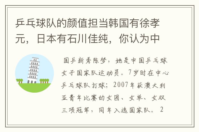 乒乓球队的颜值担当韩国有徐孝元，日本有石川佳纯，你认为中国的是谁？