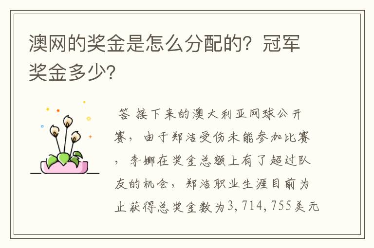 澳网的奖金是怎么分配的？冠军奖金多少？