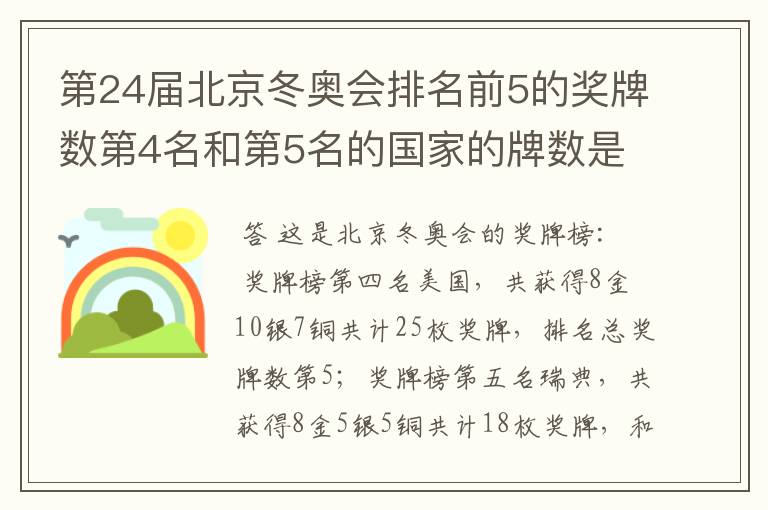 第24届北京冬奥会排名前5的奖牌数第4名和第5名的国家的牌数是多少？