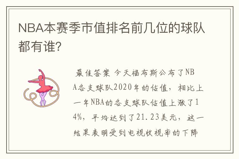 NBA本赛季市值排名前几位的球队都有谁？