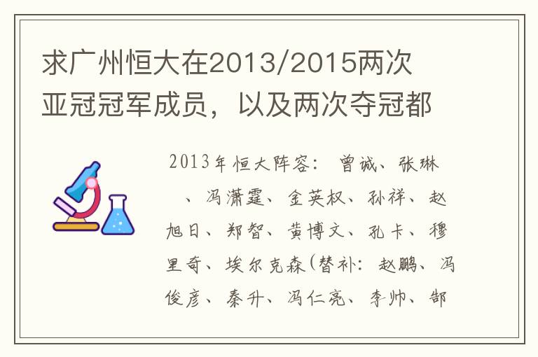 求广州恒大在2013/2015两次亚冠冠军成员，以及两次夺冠都有参与的队员名单