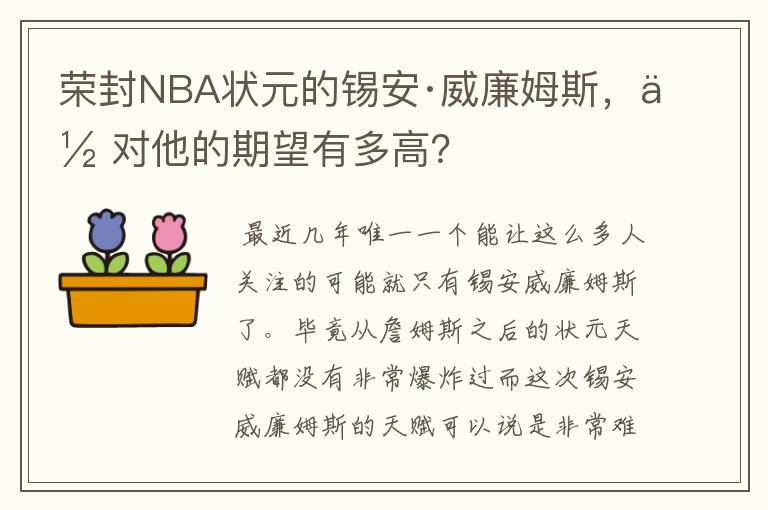 荣封NBA状元的锡安·威廉姆斯，你对他的期望有多高？